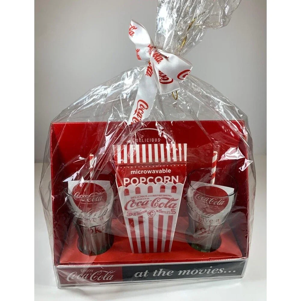 Coca-Cola At The Movies Gift Set Glass Glasses Cups Microwave Popcorn Vintage